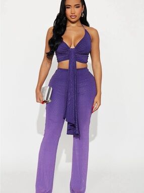 Fashion Nova Purple Rhinestone Halter Jumpsuit with Tie Front
